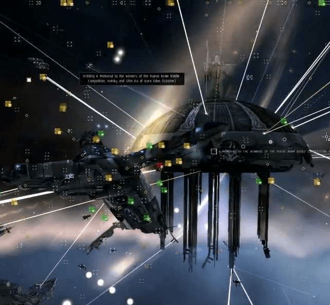 A screenshot from Eve Online of protesting players shooting a space station in the Jita system, Eve's largest trading hub.