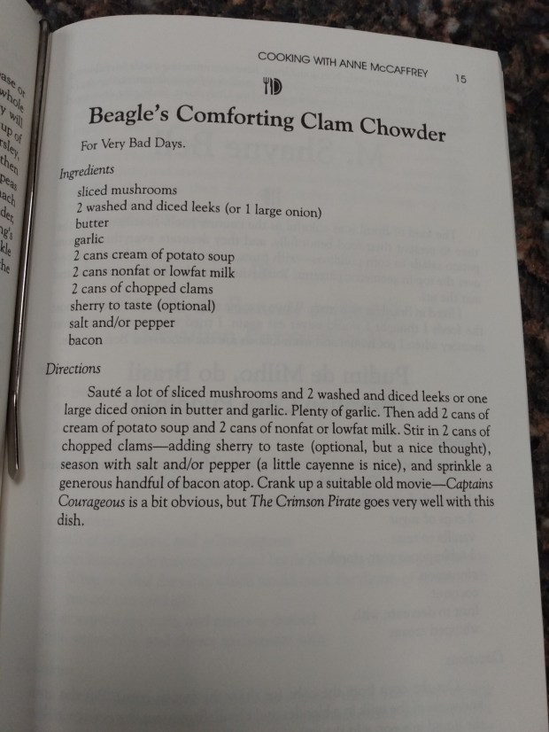 Photo of the book page containing the recipe for Beagle's Comforting Clam Chowder.