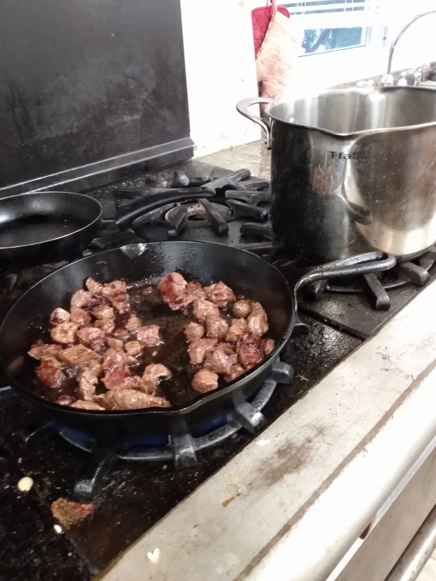 The steak, cut up and frying in the cast iron (screams of pain not pictured). Behind them, my "cauldron".