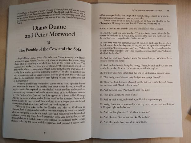 An open book: Pages 54 and 55 of "Serve it Forth" showing Diane Duane and Peter Morwood's contribution to the book.